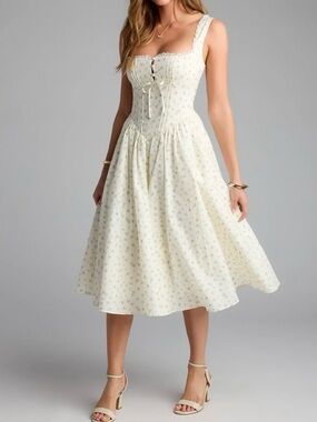 Windsor Cream Floral Lace-Trim Midi Dress